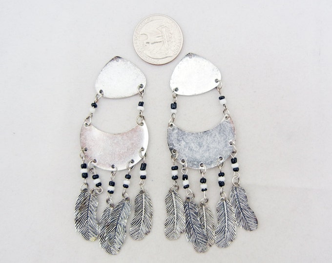 Pair of Antique Silver-tone and Seed Bead Feather Drop Charms