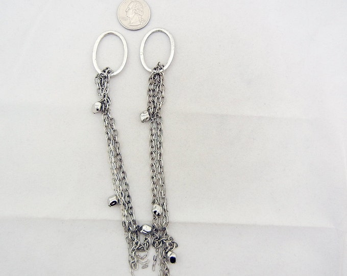 Pair of Rhinestone Ovals with Chains Drop Charms Antique Silver-tone