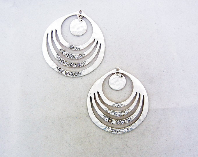 Pair of Round Matte Silver-tone Drop Charms Rhinestones