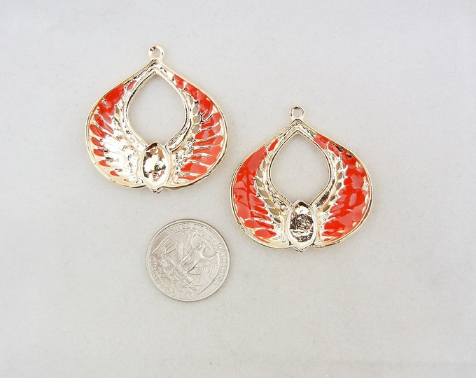 Pair of Double Wing Charms Red Epoxy Gold-tone Rhinestones