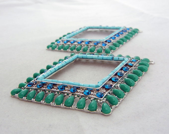 Pair of Silver-tone Green Cabochons, Rhinestones and Blue Seed Bead Drop Charms