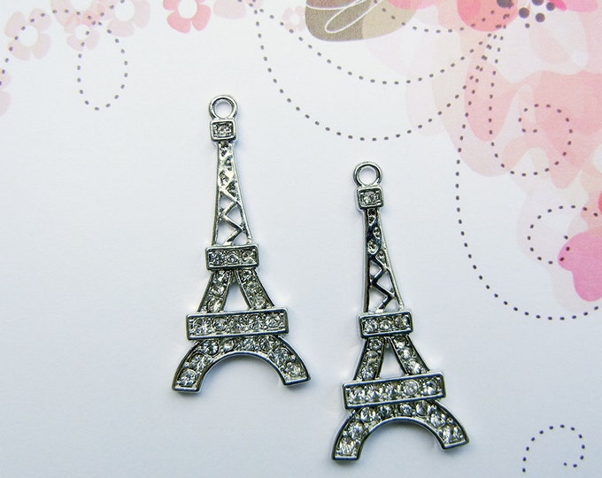 Pair of Long Silver-tone Rhinestone Eiffel Tower Charms