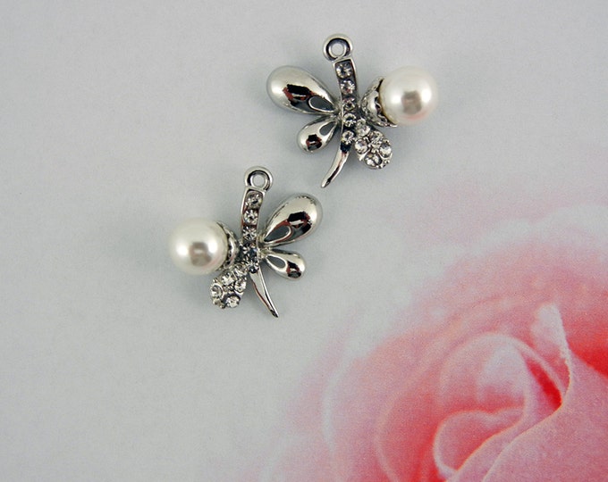 Pair of Silver-tone Butterfly Charms with Faux Pearl