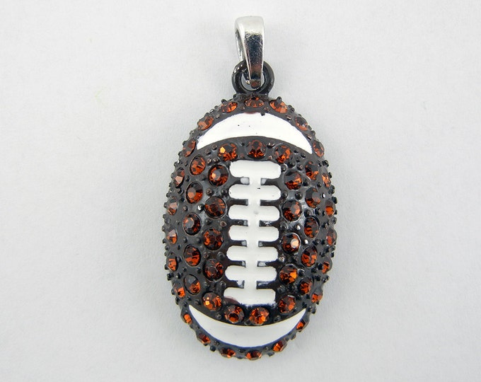 Black and White Epoxy Topaz Rhinestone Football Pendant SIlver-tone Base