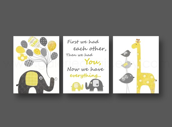 Children Nursery art print baby nursery decor Kids art- yellow gray elephant giraffe bird- First we had each other Set of three prints by GalerieAnais