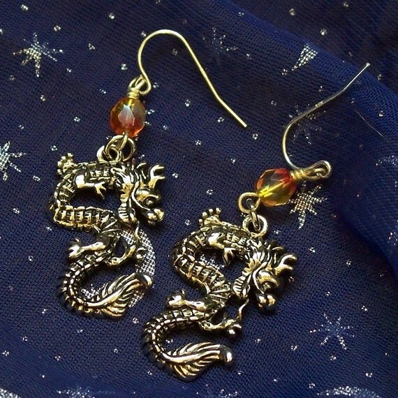 Fiery Dragon Earrings on Sterling Silver French by mommysmoon
