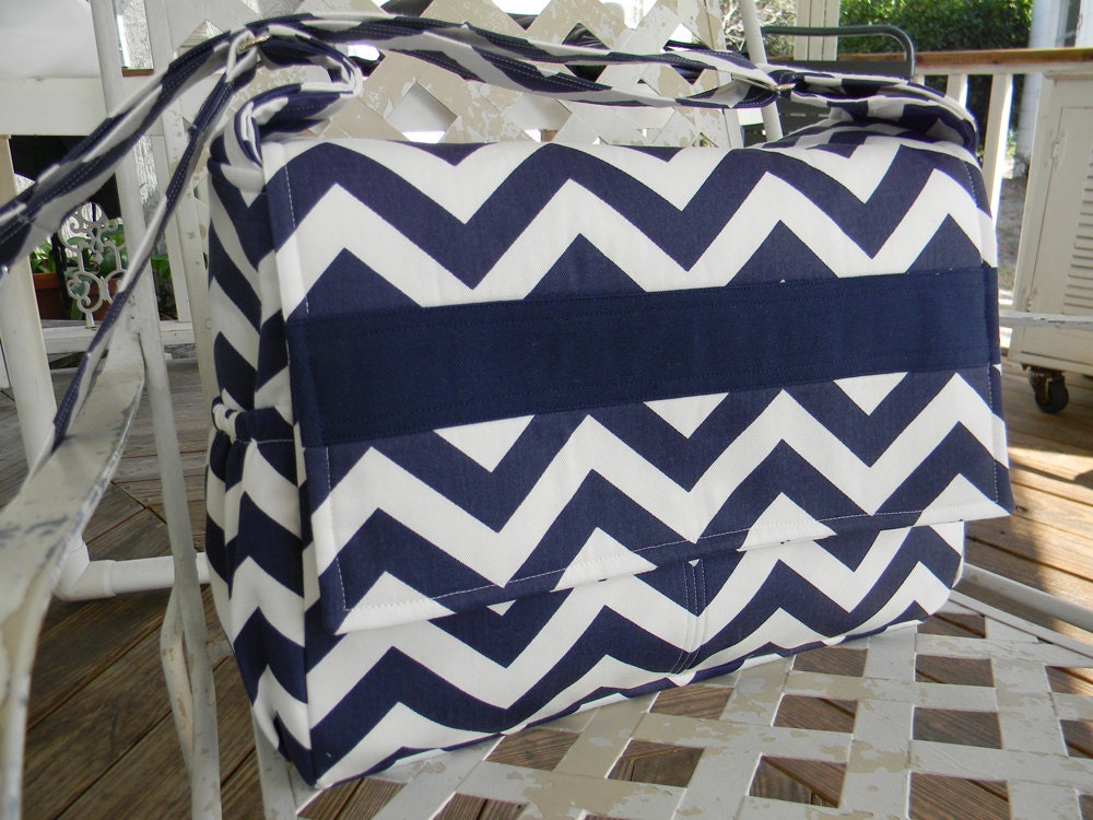 Diaper Bag Messenger Style in Navy Blue and White Chevron