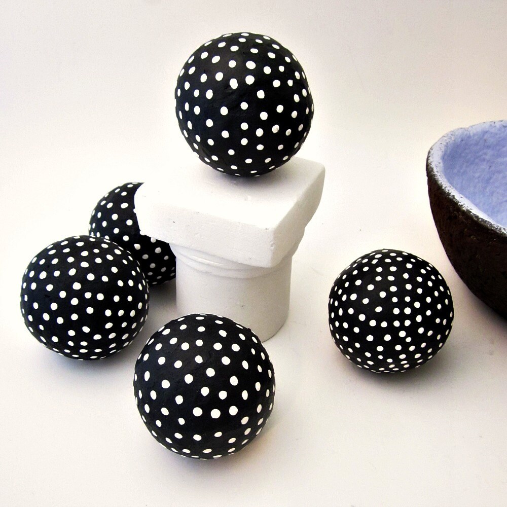 Decorative Paper Mache Accent Balls Set of Five Black Polka
