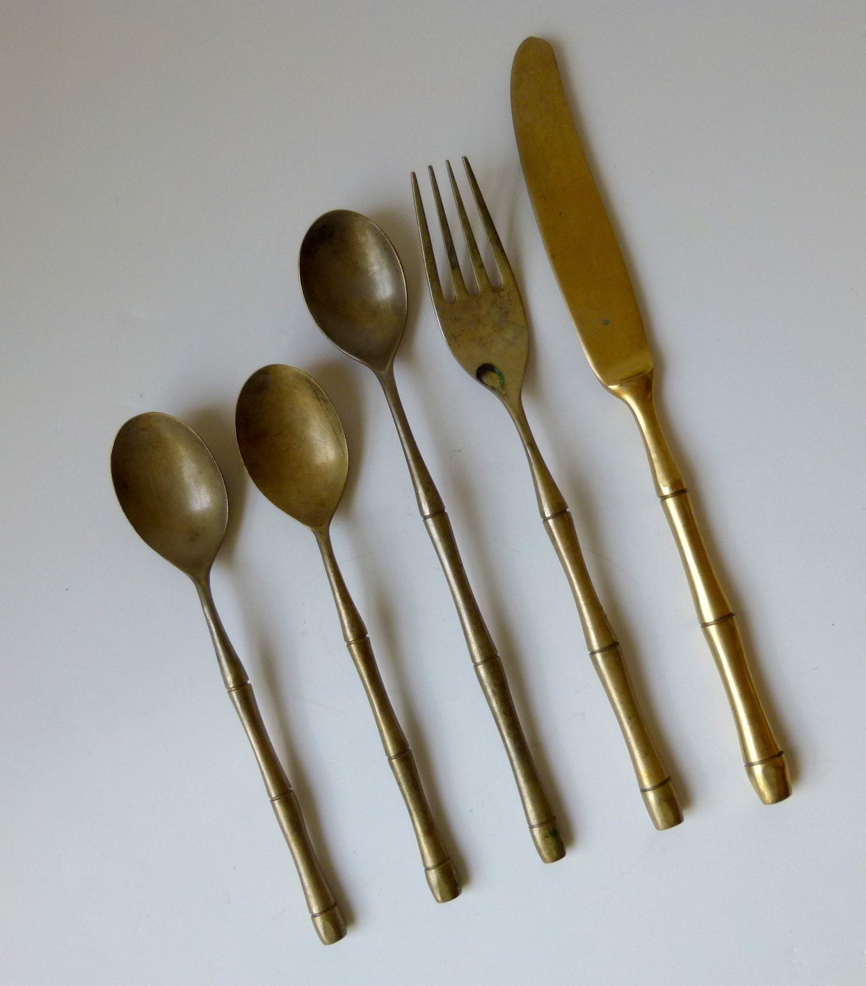 5pcs Bronze Bamboo Flatware Thai Siam Vintage
