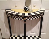 Hand Painted Black and White Checked Half Round Table - Green Gold - Buttercream Gold