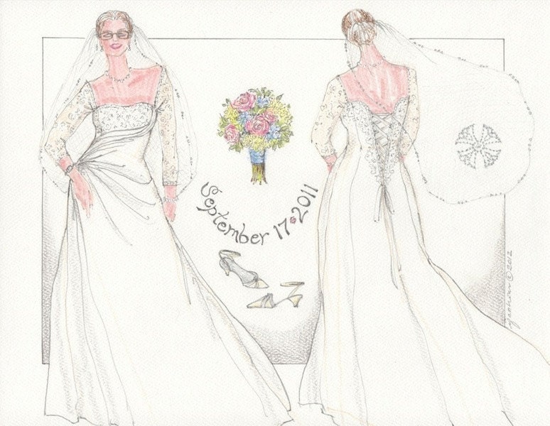 Bride Portrait Illustration Wedding Gown Sketch Bridal Gown