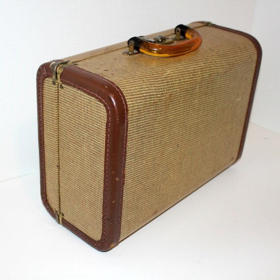 Vintage Tweed Suitcase Luggage Train Case Bakelite Handle