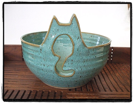 cat cone shaped bowl misunrie Turquoise Yarn Cat with Cute by by misunrie Bowl in