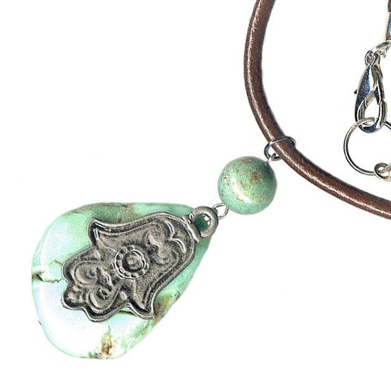 pewter Hamsa chrysoprase turquoise leather unisex necklace