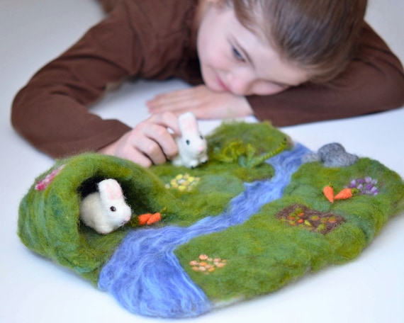 Spring Felted Rabbits Playmat Set - Eco-Friendly Kids Toys - Waldorf Inspired