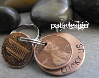 Lucky Us Copper Keychain with two lucky pennies, Lucky Penny keychain, Anniversary gift,7th wedding Anniversary,Traditional anniversary gift