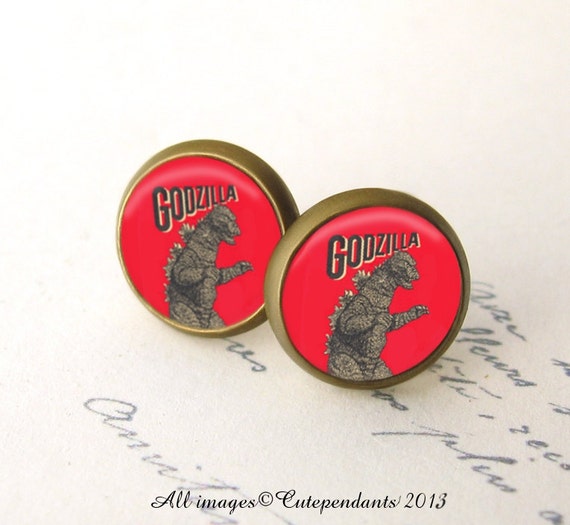 Godzilla King Of Monsters Picture Post Earrings Antiqued Brass