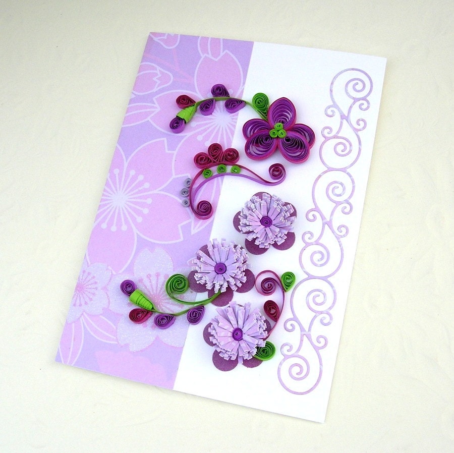 Paper Quilled Greeting Card Purple Daisy and Lavender Fringed