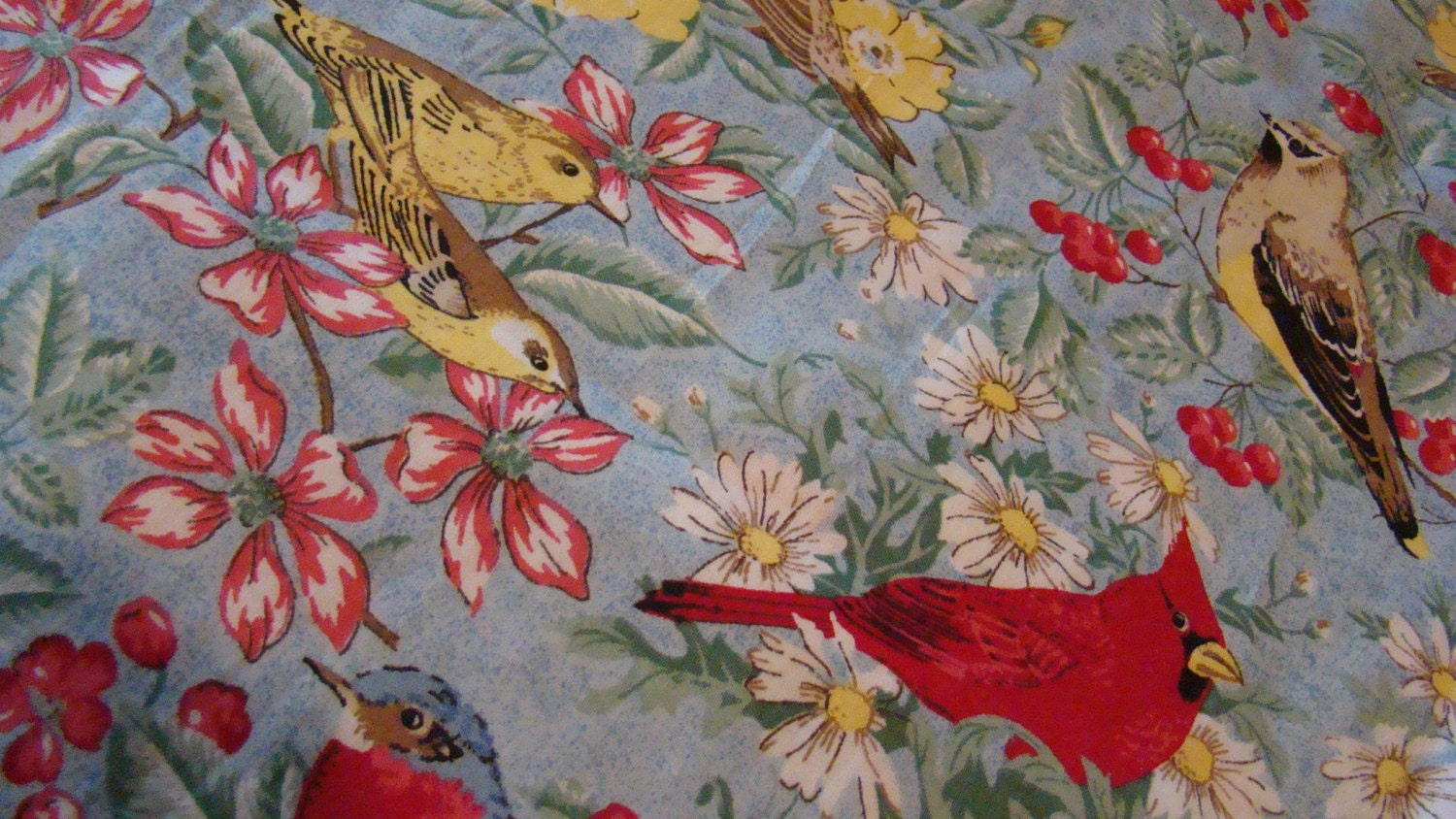 Vintage Whimsical Bird Print Fabric with Blue Background