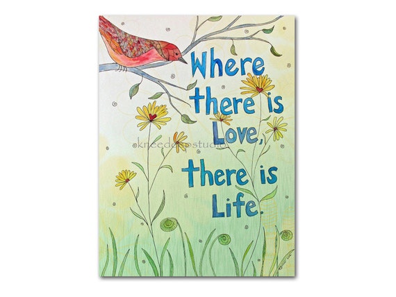 Contemporary Love & Life fine art watercolor 8x10 open edition print red bird whimsical daisies Ghandi quote modern colorful nursery decor