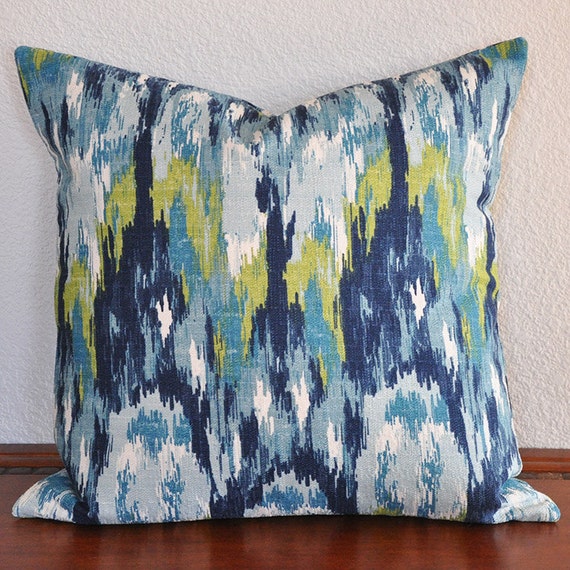 Decorative Ikat Pillow Cover 20x20 inches Blue Navy White and
