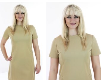 Mad Men Mod Dress 60s 70s Tan A-line Shift Sixties Mock Pockets 1960s Indie Retro 1970s Medium M Large