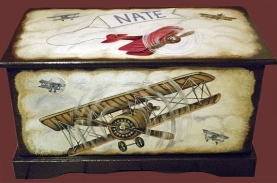 vintage airplane toy chest custom designed with an espresso