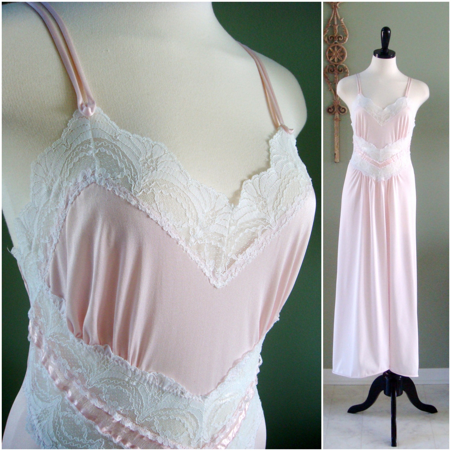 Vintage Pink Nightgown Pink Satin Nightie With White Lace 1255