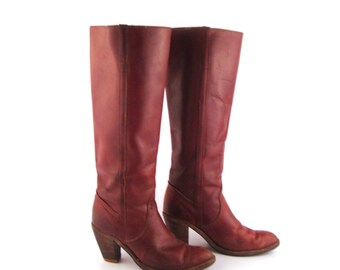 Frye Boots Vintage 1980s Stacked Heel Whiskey Burgundy Brown Leather Women's size 6