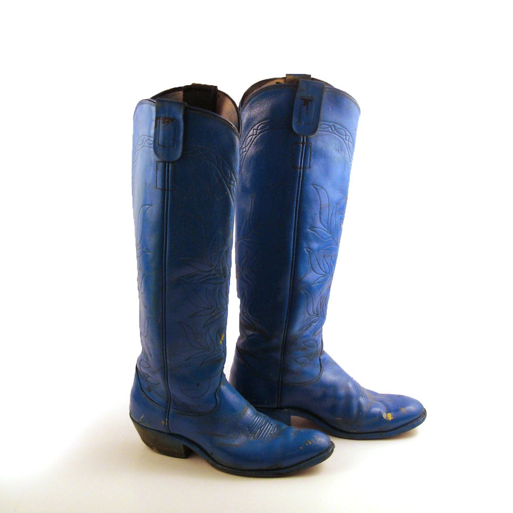 Olathe Cowboy Boots Vintage 1980s Blue Tall Leather Stacked