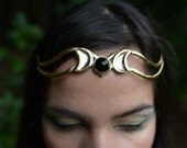 Elven Fairy Pixie Tribal Brass Black Onyx Triple Goddess Moon Witch Tiara Crown Head Piece OOAK