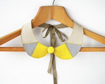Leather Bib Necklace Yellow Gray Leather Collar Bib Necklace Peter Pan Detachable Collar