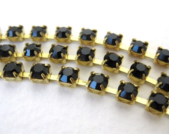 Vintage Rhinestone Chain Jet Black Swarovski Crystal Brass Prong Setting 4mm chn0110 (1 foot)