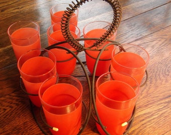 Orange Glass Set with Twisted Metal Holder