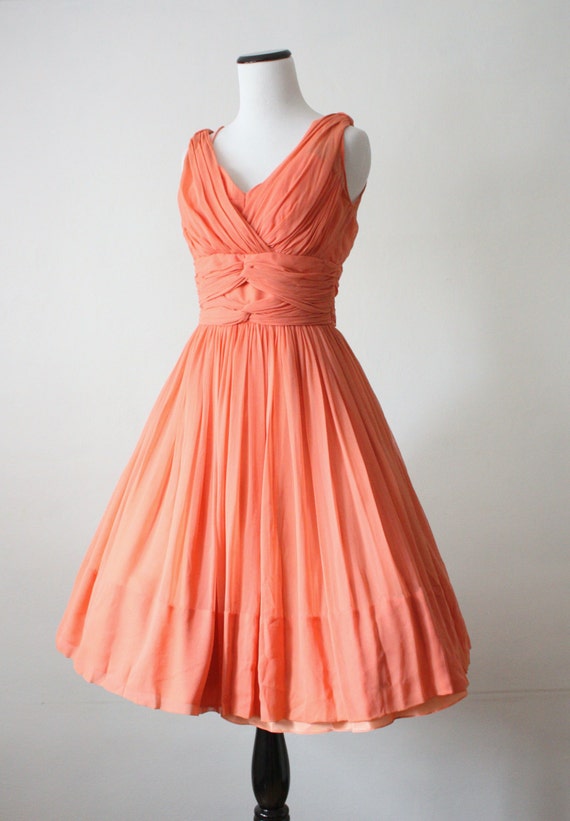 1950s dress coral chiffon 50s dress