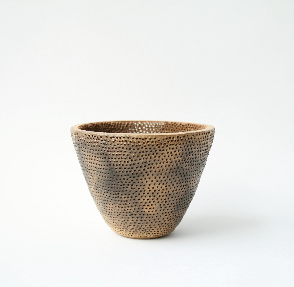 Ceramic Tea Light in Smokey Yellow Ochre Highly Textured Pierced Clay