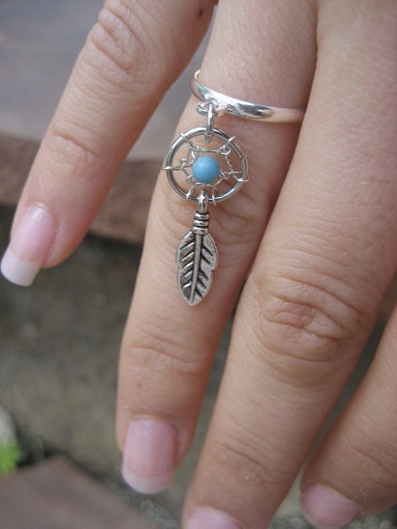 Tiny Dream Catcher Charm Ring Silver Plated Turquoise