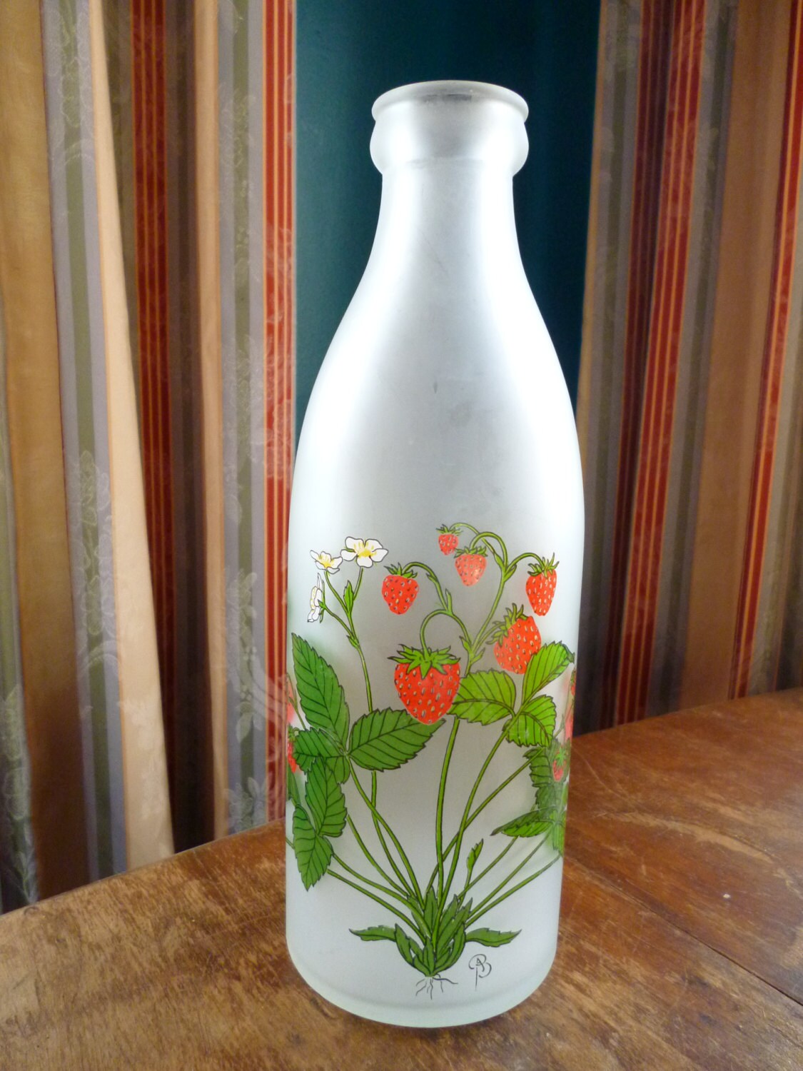 Vintage Frosted Glass Milk Bottle Vase With Strawberries
