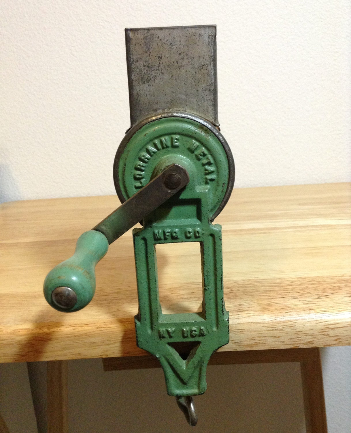 Antique Cast Iron Green Wood Handle Hand Crank by DisLilTreasures