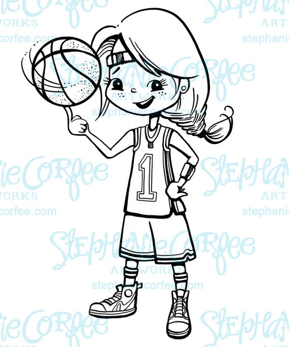 Basketball Girl B&W Digital Stamp/ Clip Art