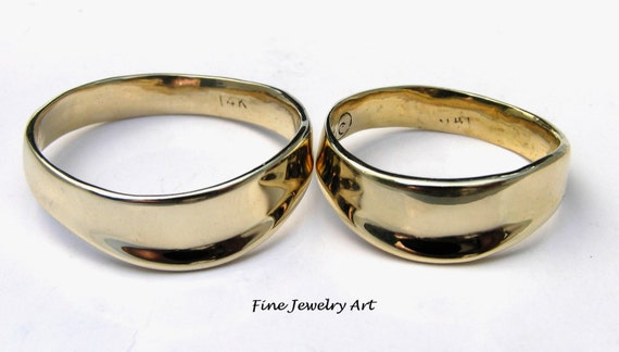 His Hers Matching Wedding Ring Bands Handmade Wave 14k Plain Gold ...