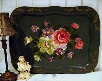 SALE Vintage Handpainted Floral Tray, Sage / Moss Green, Metal, Ex Lrg Rectangle, 10th Anniversary, French Country Shabby Chic, REDUCED