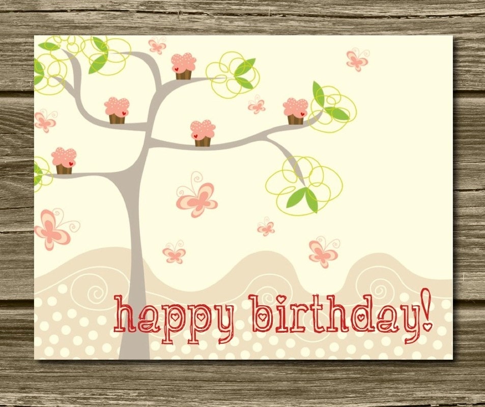 SALE Cupcake Tree Flat Happy  Birthday  Cards Unique  Fun 