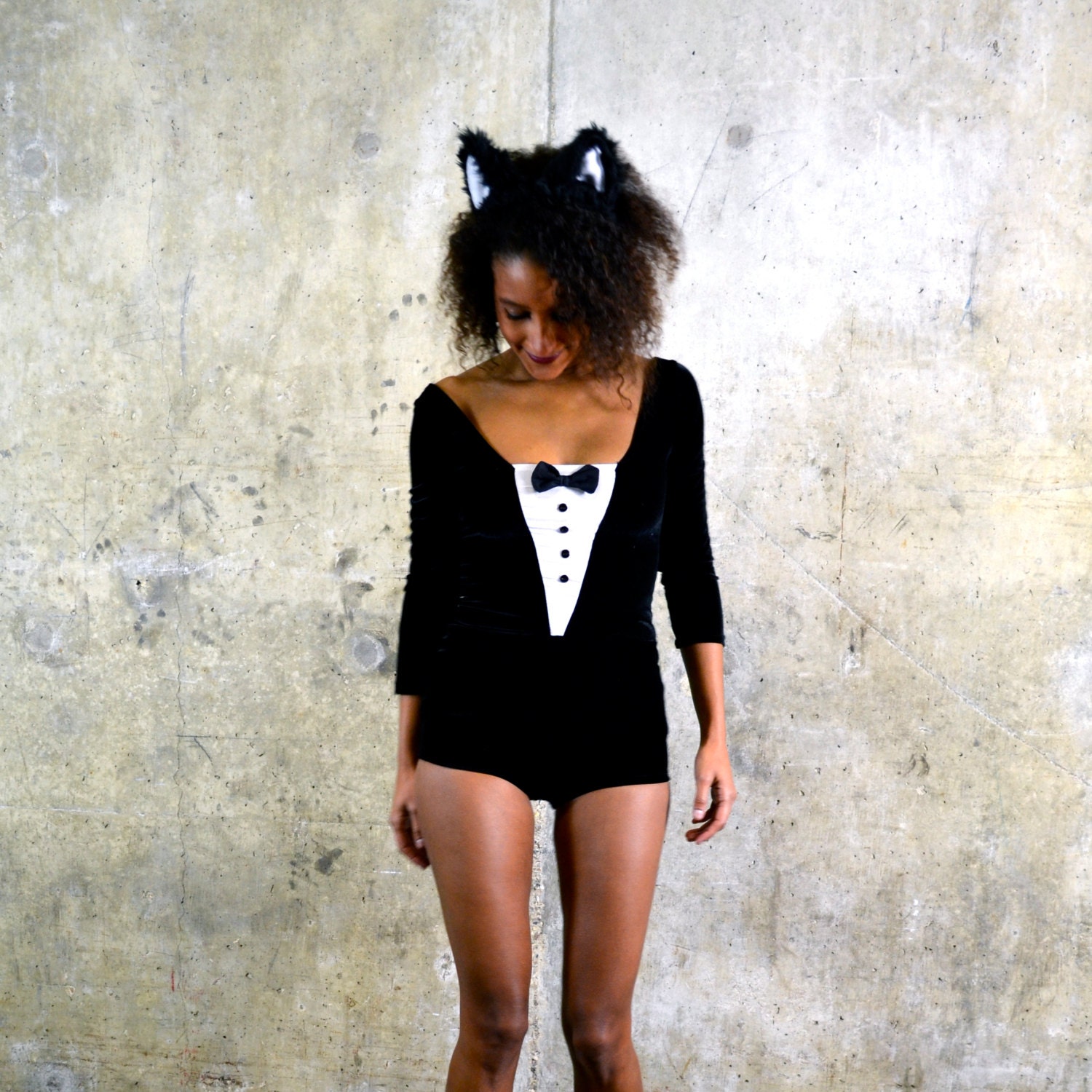 Tuxedo Leotard Backless velvet bodysuit