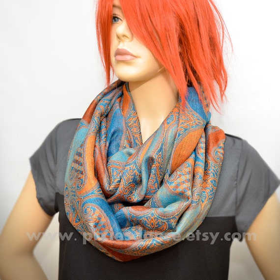 Pashmina Infinity scarf Orange Blue Paisley scarf by Pixiesdance