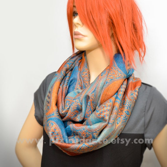 Pashmina Infinity scarf Orange Blue Paisley scarf Orange