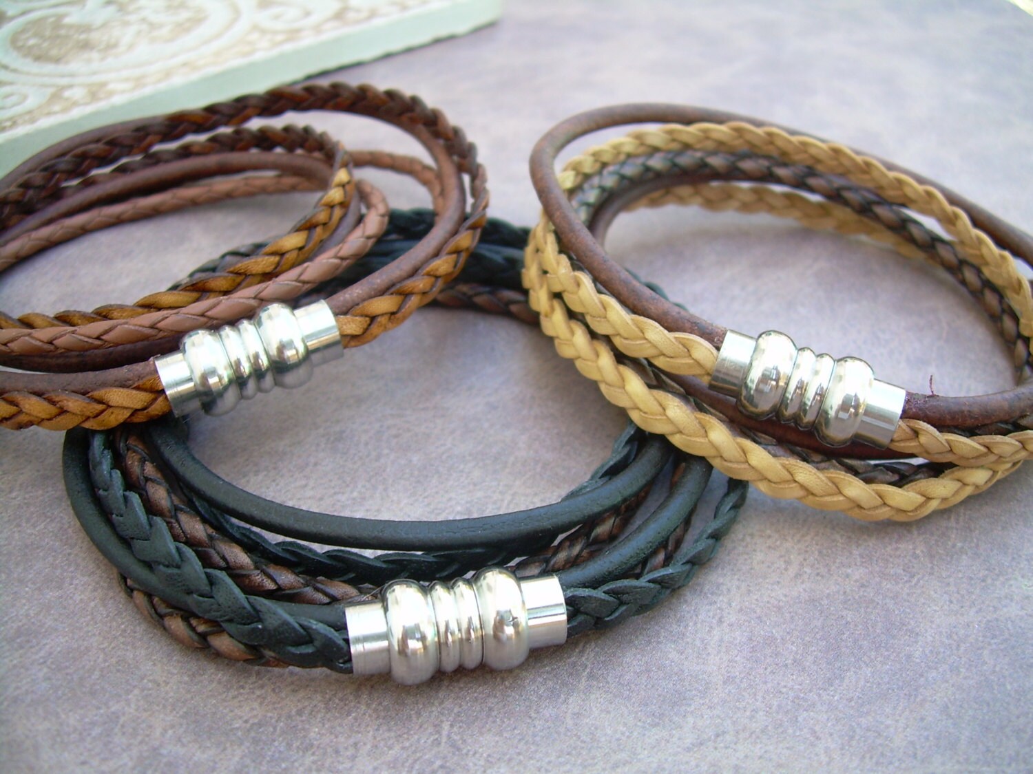 Mens Leather Bracelet Stainless Steel Magnetic Clasp Double