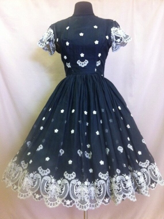 1950's Black Embroidered Party Dress Exquisite