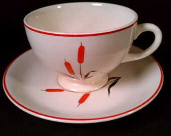 Set of 4 Cattail Cups & Saucers, Sears Roebuck China, red black, midcentury modern, 1950s fifties 50s, 1960s sixties 60s, TheRetroLife