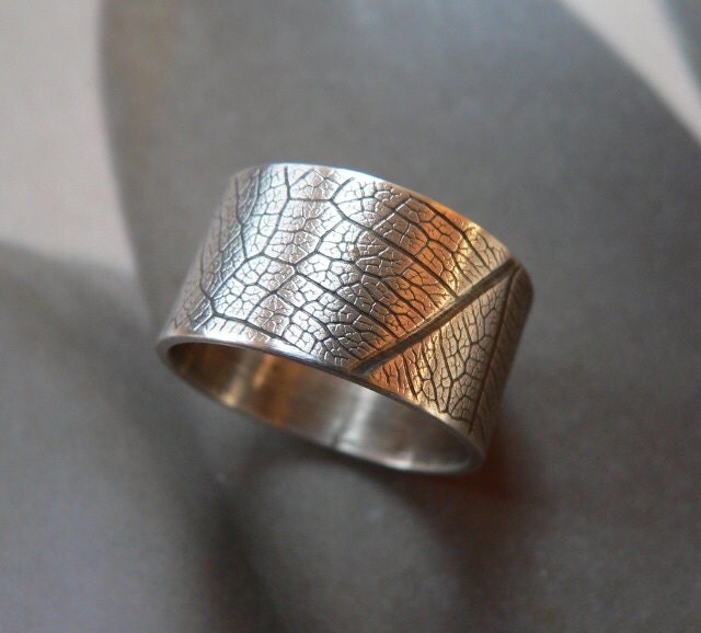 Leaf pattern ring textured ring Sterling silver ring wide
